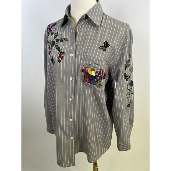 VTG Karen Scott Womens Button Up Shirt Embroidery Gardencore Stripped Gray Sz S - Picture 7 of 14